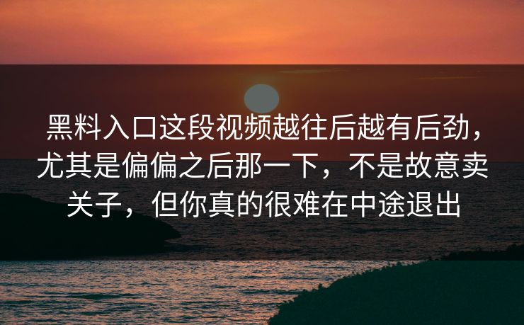黑料入口这段视频越往后越有后劲，尤其是偏偏之后那一下，不是故意卖关子，但你真的很难在中途退出